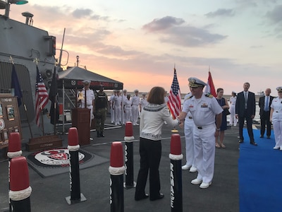 190915-N-N0146-001 BEIRUT, Lebanon (Sept. 15, 2019) Cmdr. John B. Benfield, commanding officer of the guided-missile destroyer USS Ramage (DDG 61), greets U.S. Ambassador to Lebanon, Elizabeth Richard, during a reception. Ramage made an historic port visit to Beirut on Sept. 14, the first time in 36 years a U.S. warship had pulled into the country. (U.S. Navy photo/Released)