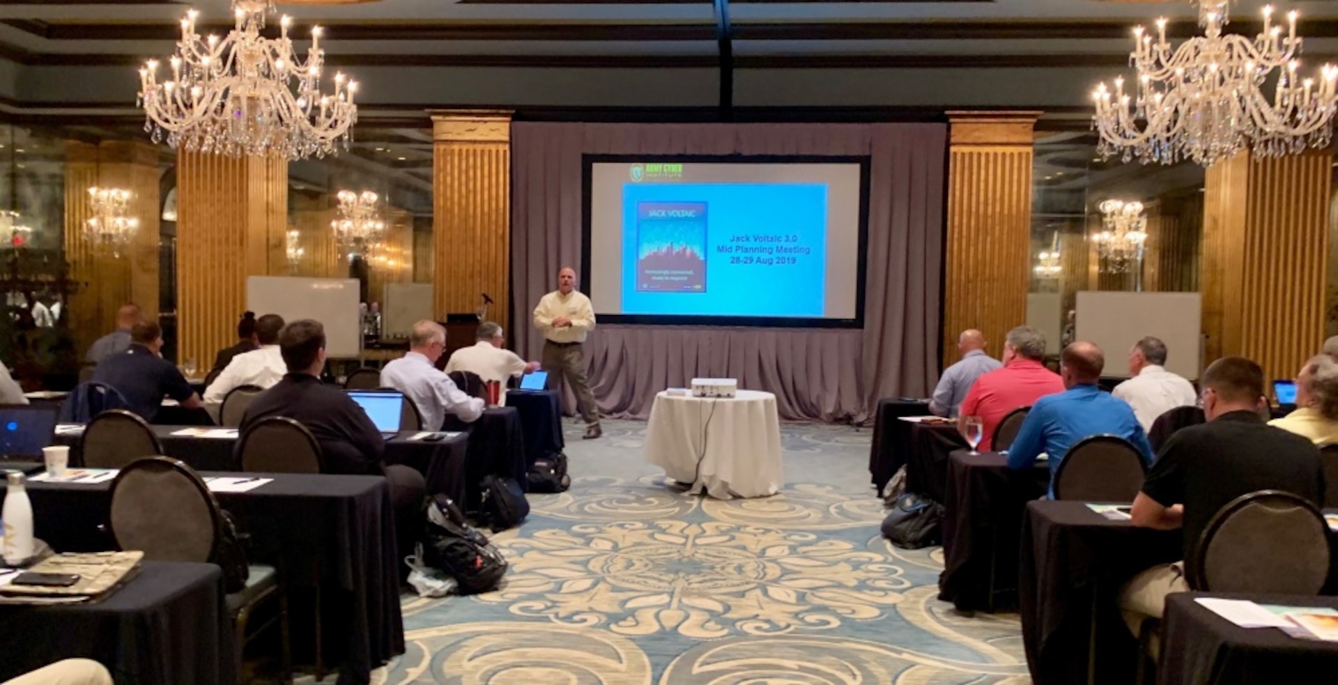 Jack Voltaic: Lt. Col. Doug Fletcher, Critical Infrastructure Key Resources team for the Army Cyber Institute at West Point, explains the importance of Jack Voltaic to more than 70 personnel from public and private sectors from the cities of Savannah and Charleston.