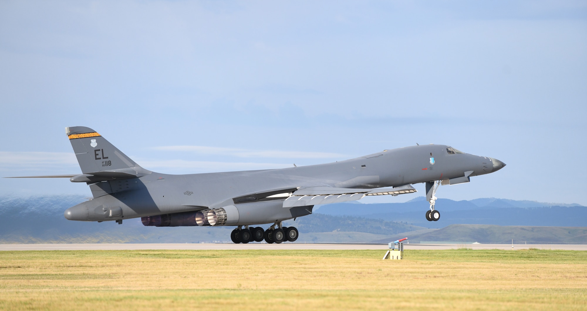 A B-1B Lancer takes off on Ellsworth Air Force Base, S.D., Sept. 10, 2019. Ellsworth AFB is home to the 28th Bomb Wing – the largest B-1 combat wing in the U.S. Air Force. Ellsworth currently has a fleet of 27 B-1B’s. (U.S. Air Force photo by Airman 1st Class Christina Bennett)