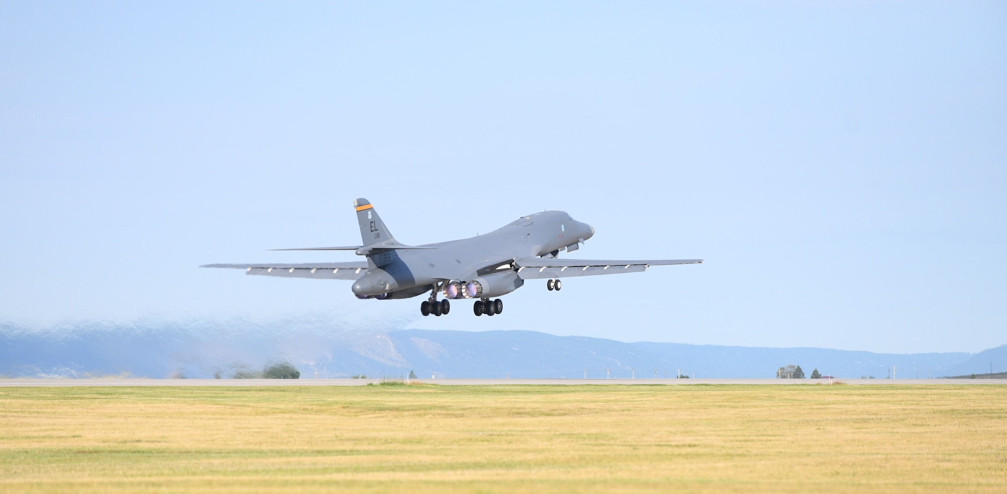 A B-1B Lancer departs from the runway on Ellsworth Air Force Base, S.D., Sept. 10, 2019. Ellsworth AFB is home to the 28th Bomb Wing – the largest B-1 combat wing in the U.S. Air Force. Ellsworth currently has a fleet of 27 B-1B’s. (U.S. Air Force photo by Airman 1st Class Christina Bennett)