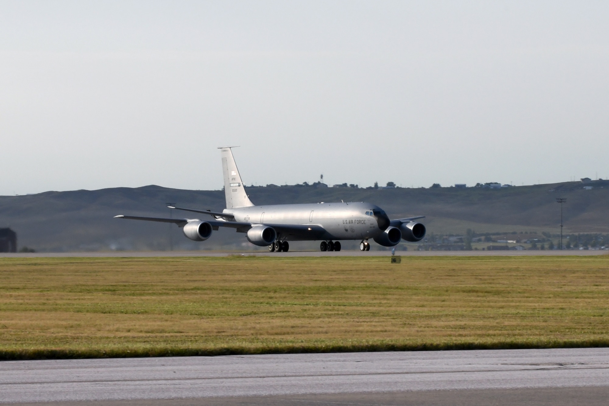 A KC-135 Stratotanker prepares for takeoff at Ellsworth Air Force Base, S.D., Sept. 10, 2019. The KC-135 is an aerial refueling aircraft – its primary fueling method utilizes the tanker’s boom. The boom is a long adjustable tube, which is controlled by a boom operator. The boom – situated toward the tail-end of the aircraft – is extended and inserted into the aircraft receiving fuel. (U.S. Air Force photo by Airman 1st Class Christina Bennett)