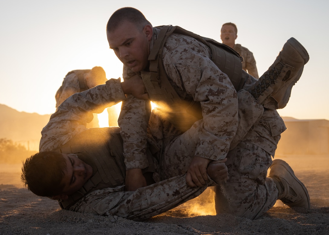 U.S. Marine Cpl. Douglas Bunea, right, a fixed wing aircraft mechanic assigned to Marine All-Weather Fighter Attack Squadron 533, grapples with Cpl. Javier Flores, a flight equipment technician assigned to Marine Light Attack Helicopter Squadron 367, while participating in a Marine Corps Martial Arts Program course during Integrated Training Exercise 5-19 at Marine Corps Air Ground Combat Center, Twenty-nine Palms, California, Aug. 15, 2019. ITX 5-19 is a large scale, combined-arms training exercise that produces combat-ready forces capable of operating as an integrated Marine Air-Ground Task Force.