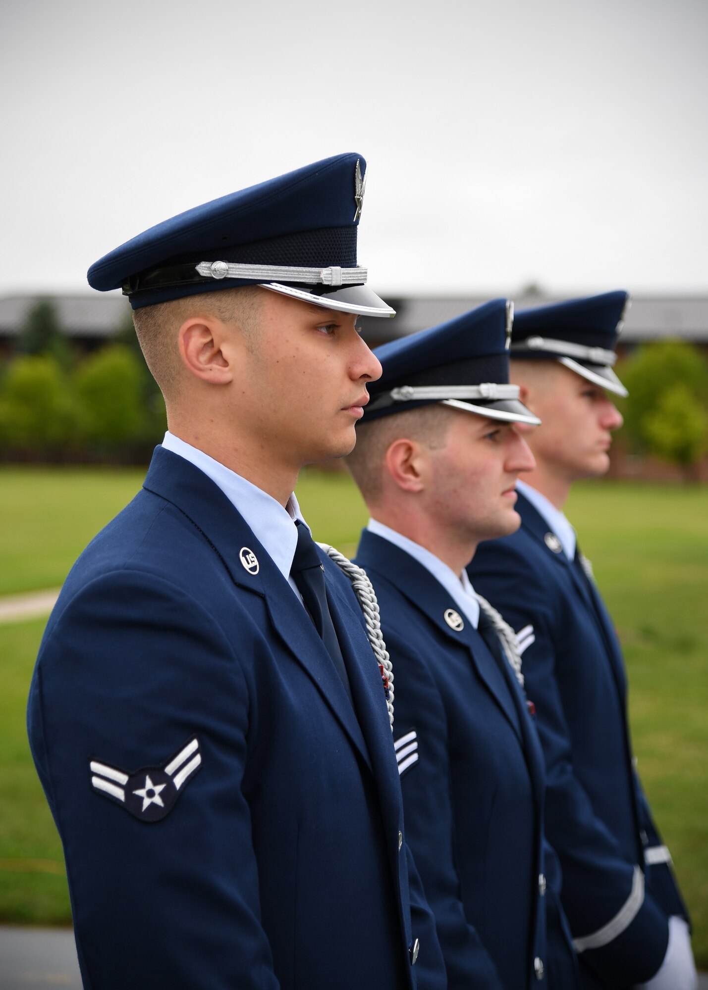 Grand Forks Air Force Base Honor Guardsmen prepare to perform retreat during a memorial ceremony Sept. 11, 2019, on Grand Forks Air Force Base, North Dakota. The ceremony, held to honor the lives of those who died in the 9/11 attacks, preceded a commemorative stair climb in the base air traffic control tower. Participants in the climb were challenged to ascend the tower 14 times to equate the World Trade Center’s 110 stories. (U.S. Air Force photo by Senior Airman Elora J. Martinez)