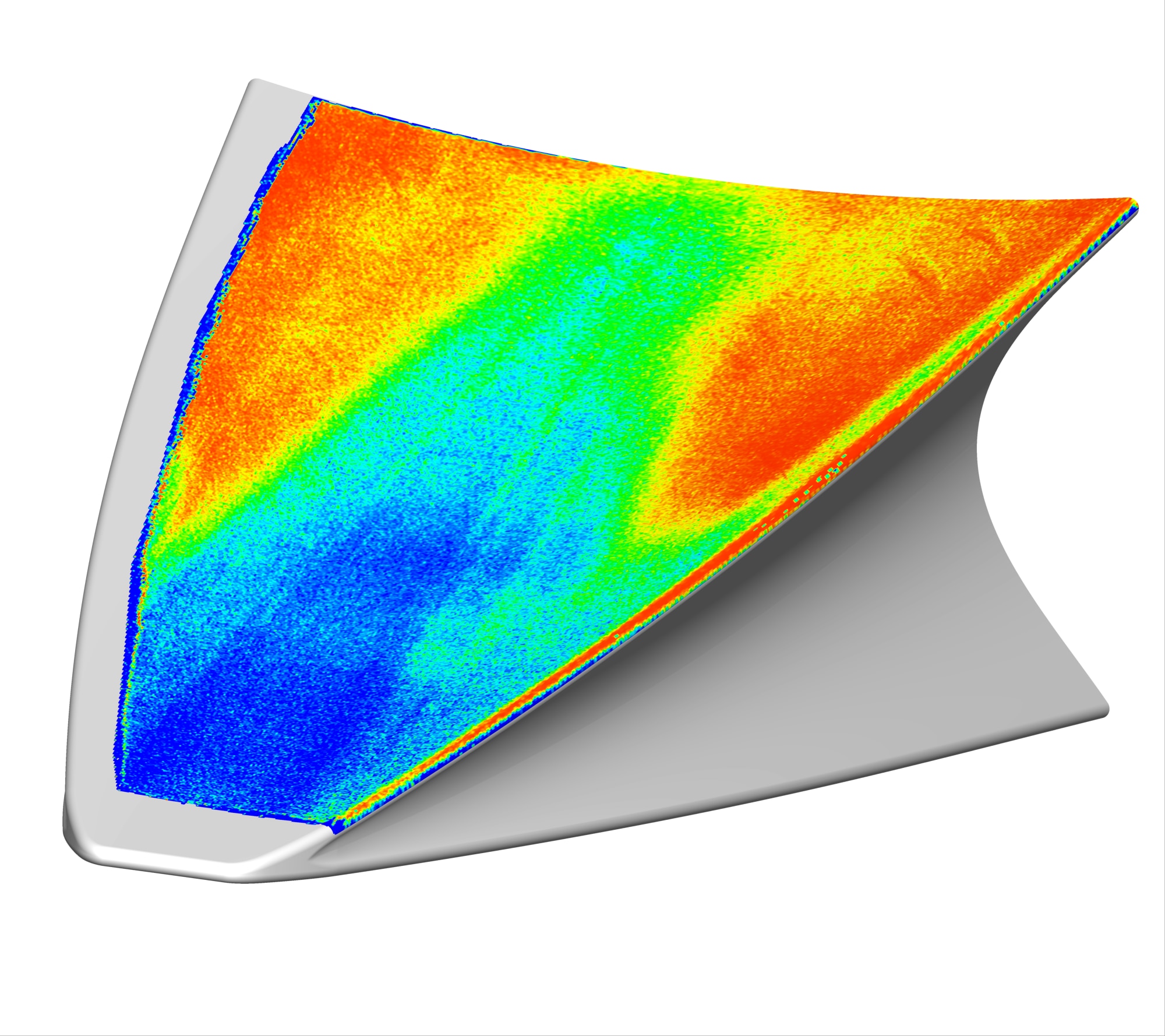 This image presents a visualization of the surface heat transfer on the full-scale Boundary Layer Transition, or BOLT, experiment model in the CUBRC LENS II shock tunnel in Buffalo, New York. Areas of higher heating, which are seen in orange and red, are due to boundary-layer transition. The aim of the BOLT experiment, which is being sponsored by the Air Force Research Laboratory/Air Force Office of Scientific Research and conducted by the Johns Hopkins University Applied Physics Laboratory (JHU-APL), along with the University of Minnesota, Purdue University, Texas A&M University, AFRL Aerospace Systems Directorate, NASA Langley, CUBRC, VirtusAero and DLR in Germany, is to predict the state of the boundary layer, or the thin layer of air near the surface, of the new canonical shape shown in the photo. Personnel at AEDC Hypervelocity Wind Tunnel 9 in White Oak, Maryland, provided training to JHU-APL staff members on how to install instrumentation used to measure temperatures on the BOLT hardware. (Courtesy photo by Air Force Office of Scientific Research/Johns Hopkins University Applied Physics Laboratory)