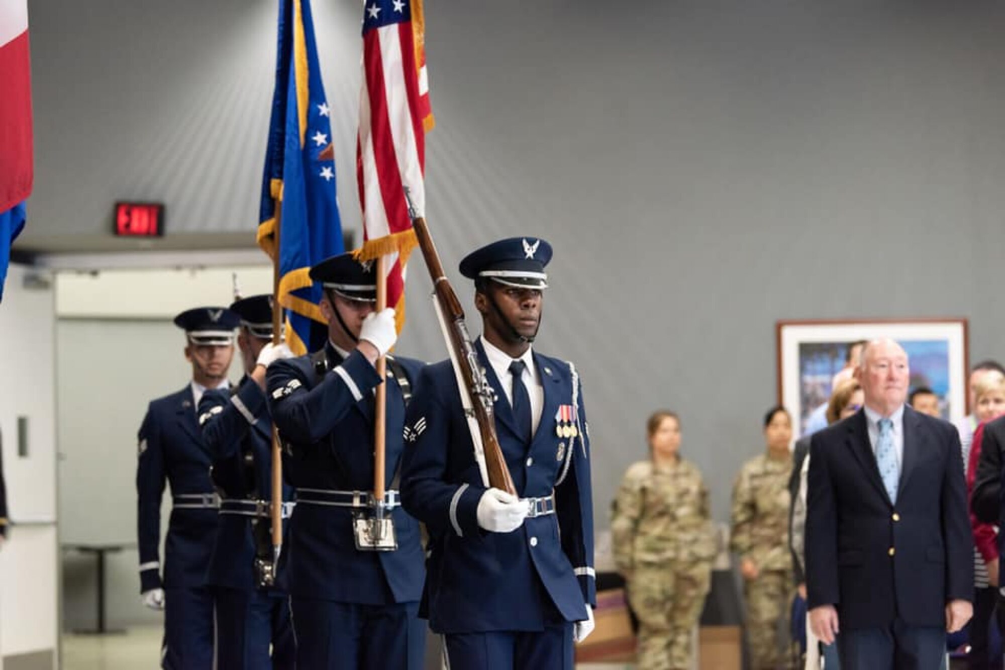 Members of the U.S. Air Force Honor Guard post the colors at the start of the Air Force 72nd Birthday celebration Sept. 12 hosted by the Defense Threat Reduction Agency at Fort Belvoir, Virginia.