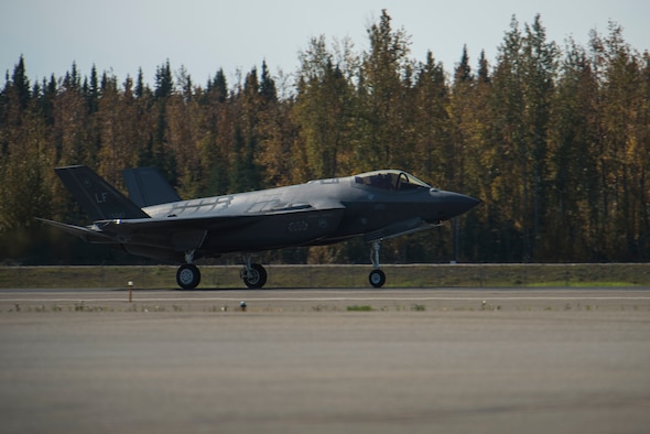 A U.S. Air Force F-35A Lightning II, assigned to the 61st Fighter Squadron, Luke Air Force Base, Ariz., touches down Sept. 6, 2019, at Eielson Air Force Base, Alaska.