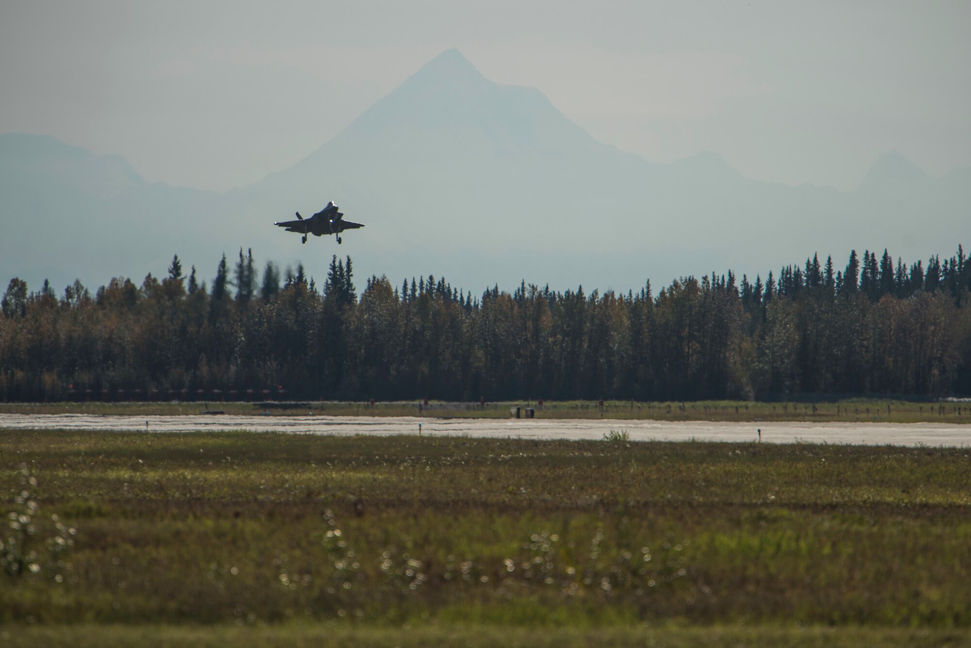 A U.S. Air Force F-35A Lightning II, assigned to the 61st Fighter Squadron, Luke Air Force Base, Ariz., prepares to land Sept. 6, 2019, at Eielson Air Force Base, Alaska.