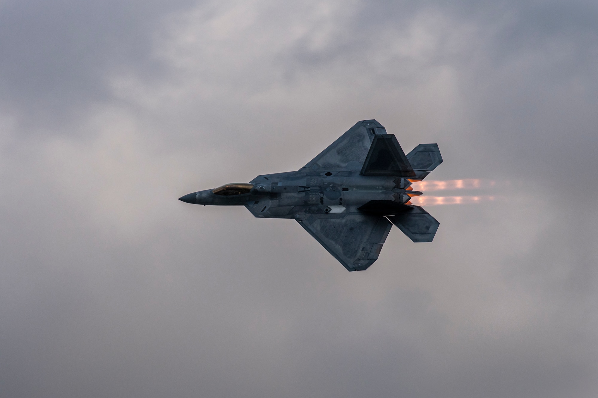 An F-22 Raptor performs an aerial demonstration for the 2019 Thunder Over Dover Air Show, Sept. 13, 2019, at Dover Air Force Base, Del. The F-22 Raptor Demo Team travels to air shows showcasing the capabilities of the world’s premier 5th generation fighter. (U.S. Air Force photo by Senior Airman Christopher Quail)