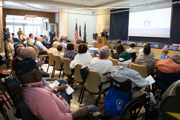 Chief Master Sgt. Christopher M. Yevchak, Air Force District of Washington command chief, speaks during the 72nd Air Force birthday event at the Armed Forces Retirement Home in Washington D.C., Sept. 13, 2019. (U.S. Air Force photo by Master Sgt. Michael B. Keller)
