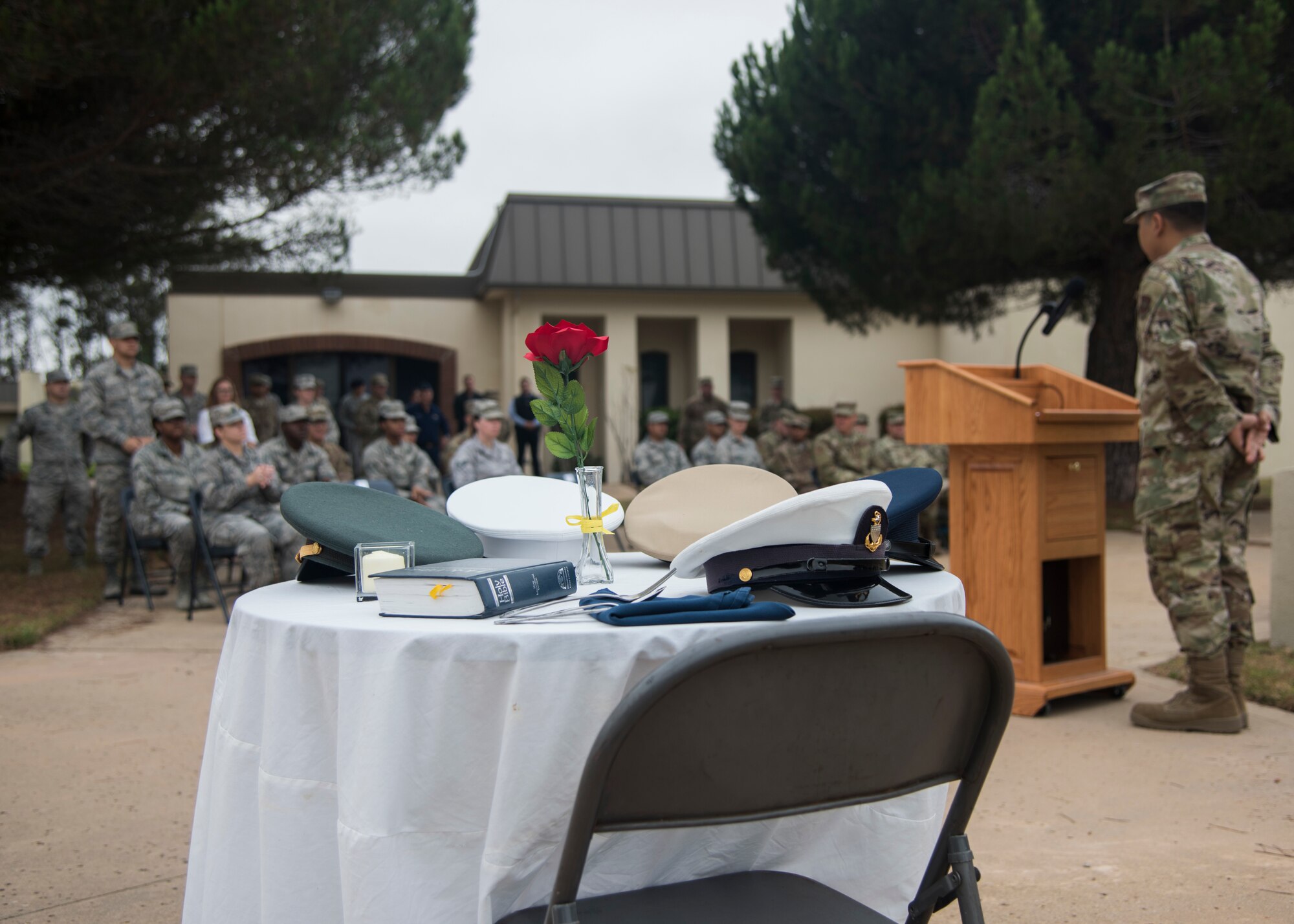 Service members gather during the POW/MIA Opening Ceremony Sept. 16, 2019, at Vandenberg Air Force Base, Calif.