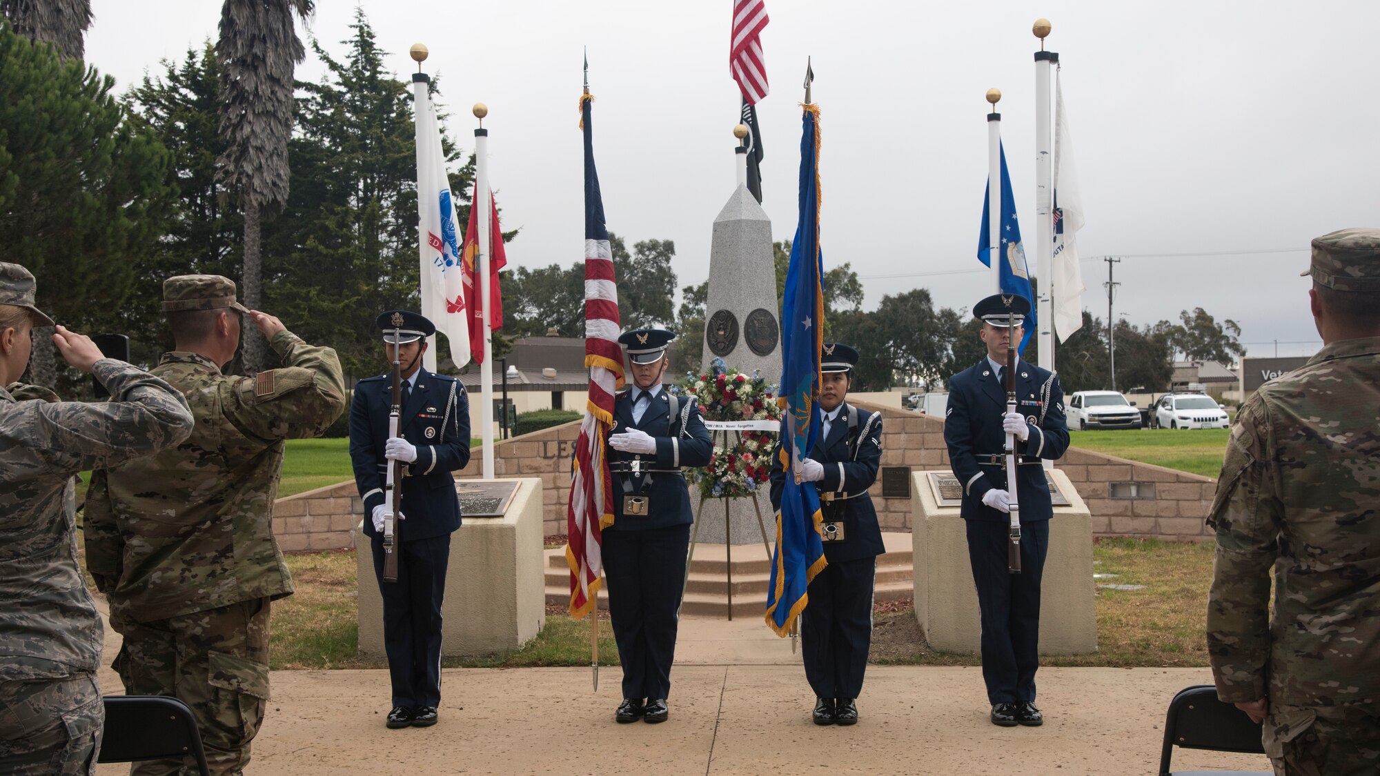 Members of Vandenberg Air Force Base Honor Guard present the colors during the POW/MIA Opening Ceremony Sept. 16, 2019, at Vandenberg AFB, Calif.