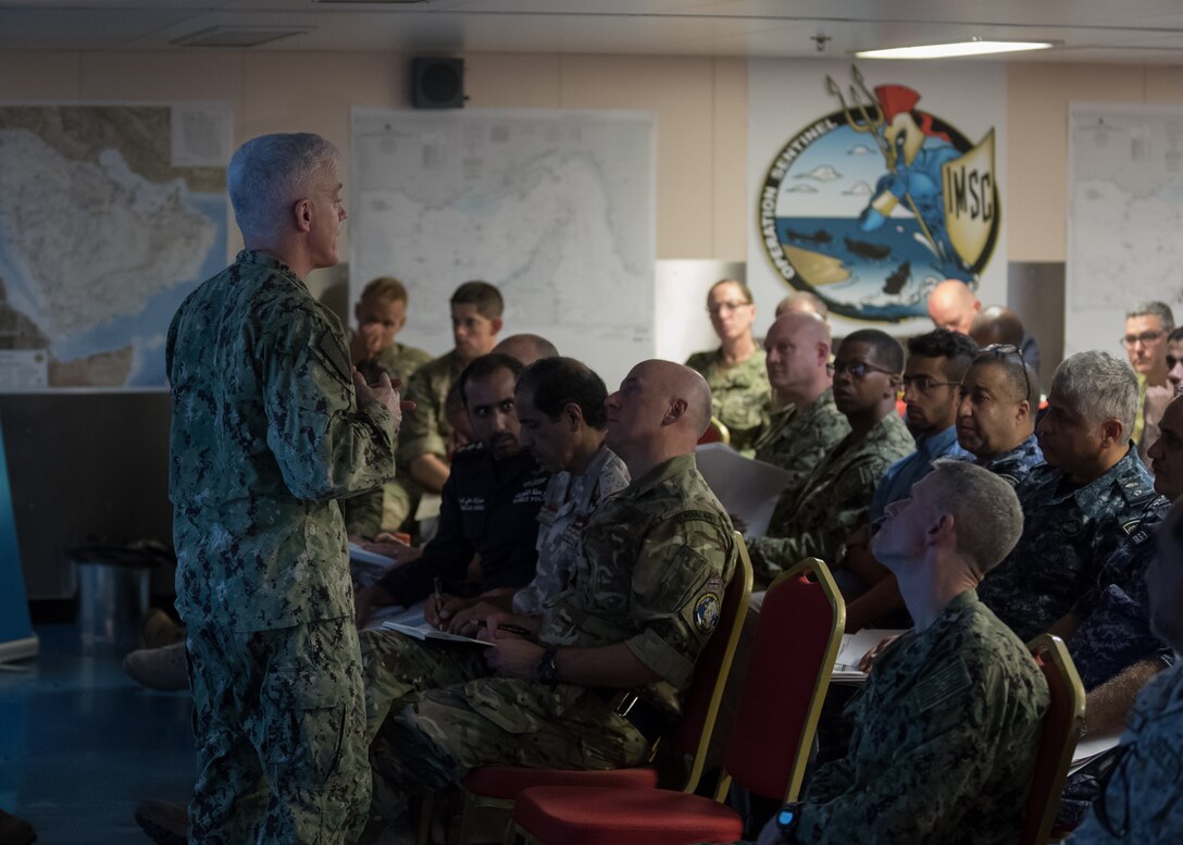 Vice Adm. Jim Malloy, commander, U.S. Naval Forces Central Command, U.S. 5th Fleet and Combined Maritime Forces, delivers remarks during the opening ceremony for International Maritime Security Construct (IMSC) Main Planning Conference aboard HMS Cardigan Bay (K630) Sept. 16. IMSC Task Force is headquartered in Bahrain. Current members include the United Kingdom, Australia, the Kingdom of Bahrain, and the United States.