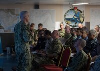 Vice Adm. Jim Malloy, commander, U.S. Naval Forces Central Command, U.S. 5th Fleet and Combined Maritime Forces, delivers remarks during the opening ceremony for International Maritime Security Construct (IMSC) Main Planning Conference aboard HMS Cardigan Bay (K630) Sept. 16. IMSC Task Force is headquartered in Bahrain. Current members include the United Kingdom, Australia, the Kingdom of Bahrain, and the United States.