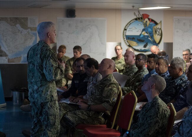 Vice Adm. Jim Malloy, commander, U.S. Naval Forces Central Command, U.S. 5th Fleet and Combined Maritime Forces, delivers remarks during the opening ceremony for International Maritime Security Construct (IMSC) Main Planning Conference aboard HMS Cardigan Bay (K630) Sept. 16. IMSC Task Force is headquartered in Bahrain. Current members include the United Kingdom, Australia, the Kingdom of Bahrain, and the United States.