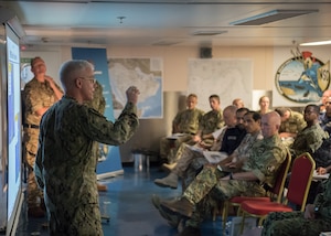 Vice Adm. Jim Malloy, commander, U.S. Naval Forces Central Command, U.S. 5th Fleet and Combined Maritime Forces, delivers remarks during the opening ceremony for International Maritime Security Construct (IMSC) Main Planning Conference aboard HMS Cardigan Bay (K630) Sept. 16. IMSC Task Force is headquartered in Bahrain. Current members include the United Kingdom, Australia, the Kingdom of Bahrain, and the United States.