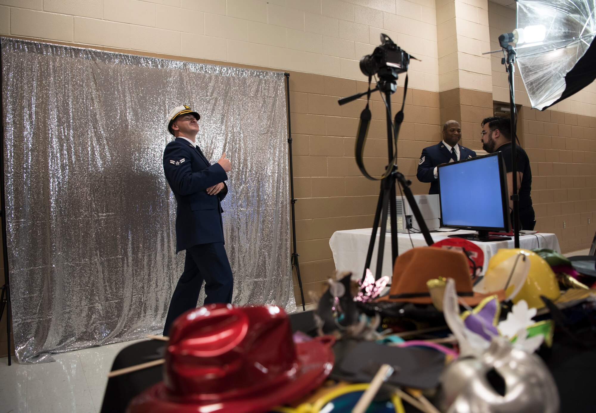 Airman 1st Class Justin Welch, 47th Flying Training Wing Command Post emergency actions controller, strikes a pose at the photo booth at Laughlin’s Air Force Ball in Del Rio, Texas, Sept. 13, 2019. Laughlin’s Air Force Ball was in celebration of celebrate the Air Force’s 72nd birthday, as well as the 47th year as the 47th FTW. (U.S. Air Force photo by Staff Sgt. Benjamin N. Valmoja)