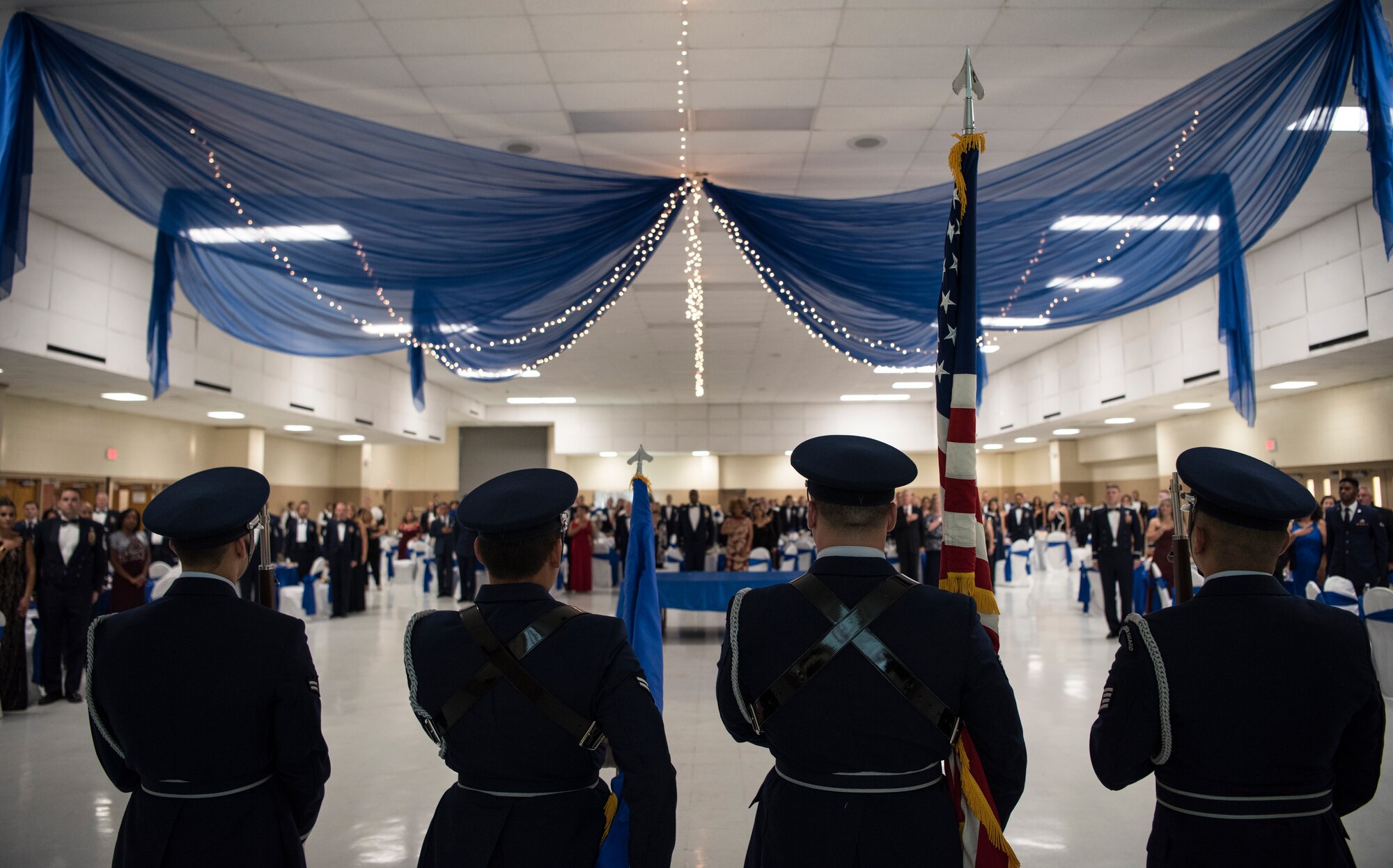Laughlin’s Base Honor Guard posts the colors at Laughlin’s Air Force Ball in Del Rio, Texas, Sept. 13, 2019. Laughlin’s Air Force Ball this year celebrated the Air Force’s 72nd birthday, as well as the 47th year as the 47th Flying Training Wing. (U.S. Air Force photo by Staff Sgt. Benjamin N. Valmoja)