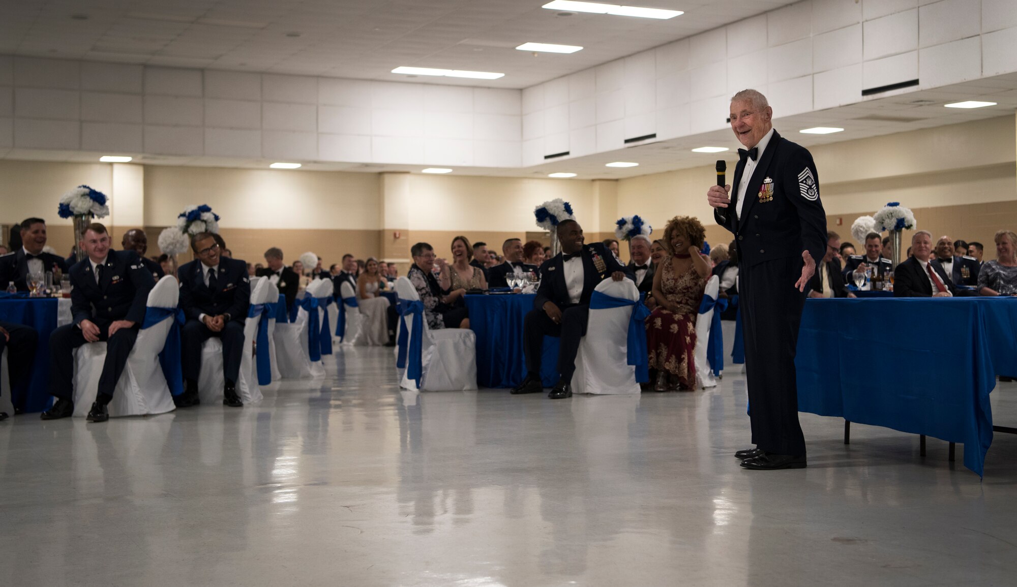 Retired Chief Master Sgt. of the Air Force Robert Gaylor, fifth CMSAF shares stories from his days in the Air Force at Laughlin’s Air Force Ball in Del Rio, Texas, Sept. 13, 2019. Gaylor spoke about some life principles that he found helpful, one being trust; something Gaylor said he and his wingmen had to earn. He went on to share how proud he is of today’s Airmen and the way they protect and build on that trust Gaylor worked so hard for. (U.S. Air Force photo by Staff Sgt. Benjamin N. Valmoja)