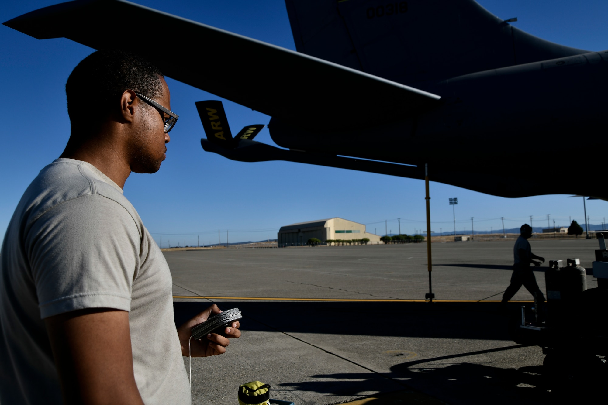 Airman 1st Class Roderius Spearman, 9th Logistics Readiness Squadron Petroleum, Oil and Lubricants distribution system operator, operates a fuels cart that is connected to an underground fuel line during a refueling exercise September 6, 2019 at Beale Air Force Base, California. (U.S. Air Force photo by Tech. Sgt. Alexandre Montes)