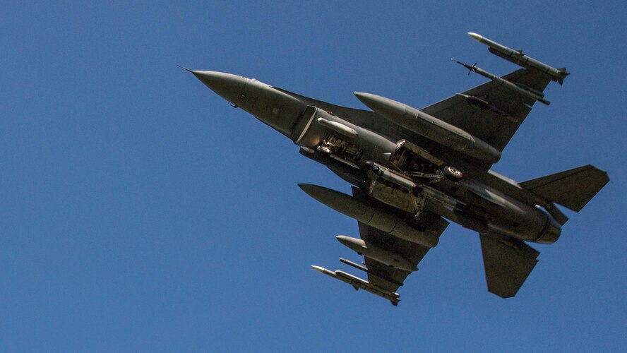 An F-16 Viper from Shaw Air Force Base, South Carolina, arrives at Barksdale Air Force Base, Louisiana, before Hurricane Dorian’s arrival Sept. 4, 2019.
