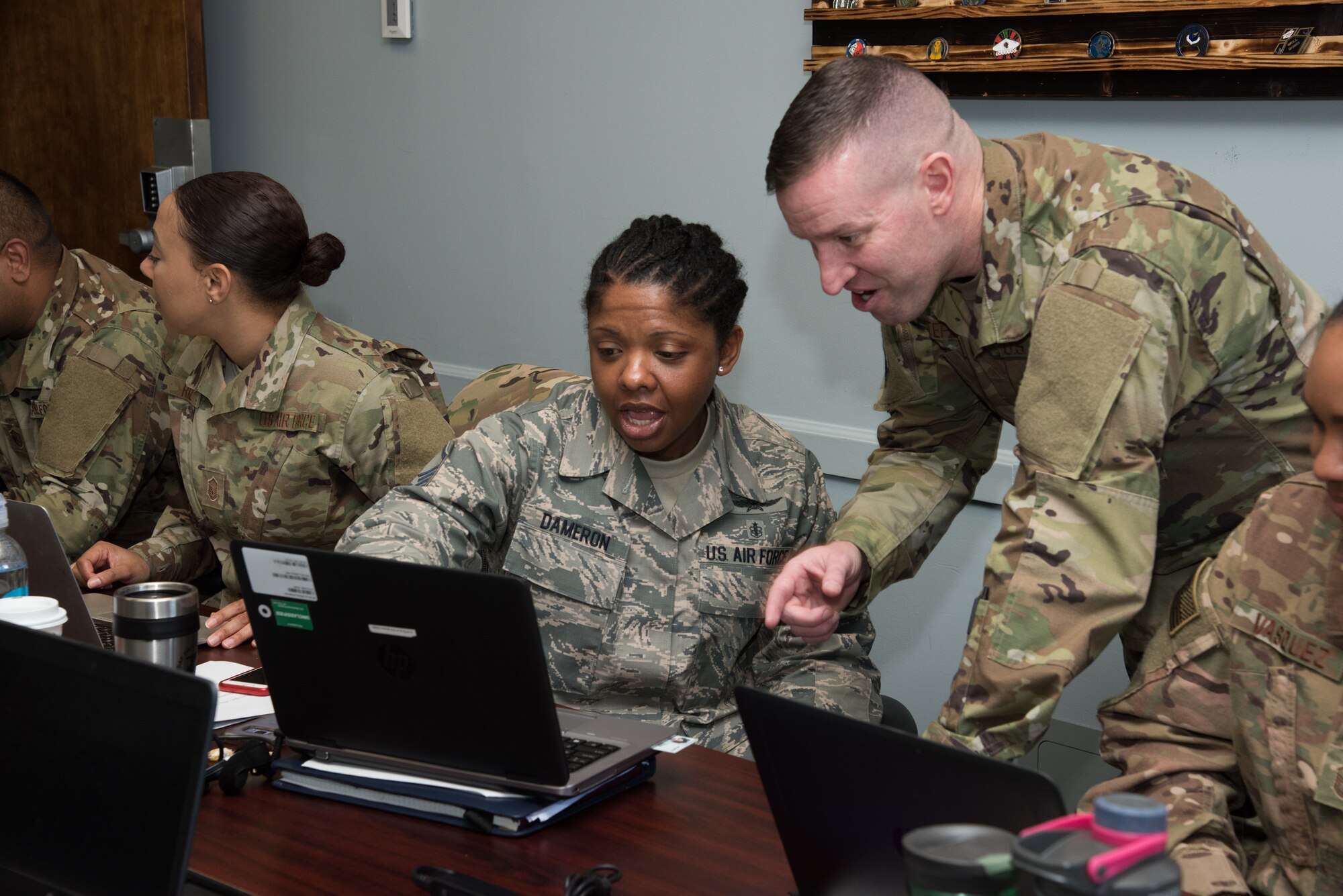 U.S. Air Force First Sergeant Academy Instructor Master Sgt. Robert M. Stephens leads a classroom discussion, Mar. 19, 2019. Stephens is a first sergeant with the Arkansas Air National Guard's 188th Wing, and the first adjunct instructor to teach the academy's new curriculum. (U.S. Air Force photo by William Birchfield)