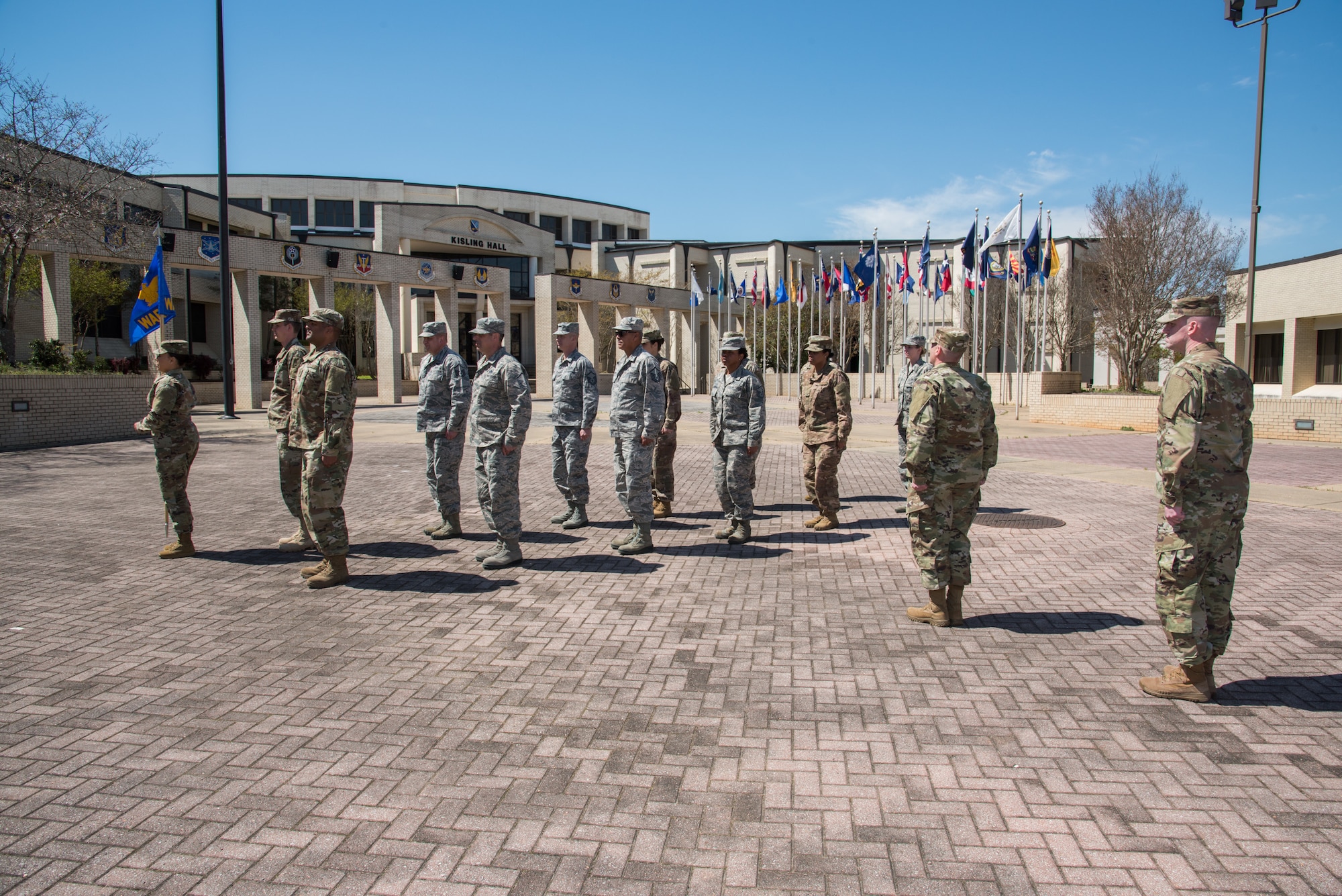 U.S. Air Force First Sergeant Academy instructor Master Sgt. Robert M. Stephens leads his students through daily drills, Mar. 19, 2019. Stephens is a first sergeant with the Arkansas Air National Guard's 188th Wing, and the first adjunct instructor to teach the academy's new curriculum. (U.S. Air Force photo by William Birchfield)