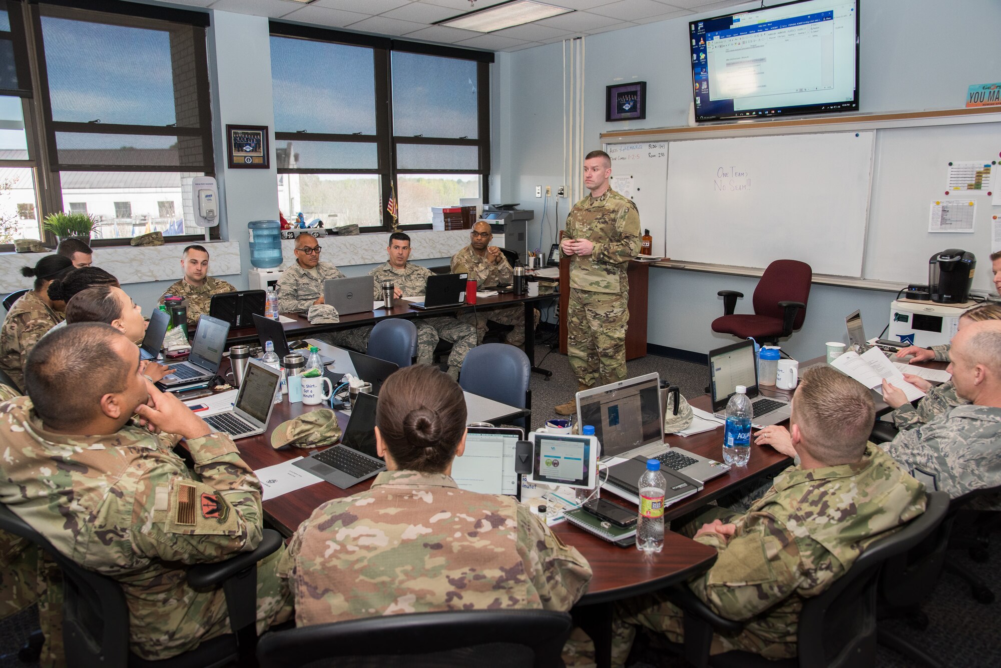 U.S. Air Force First Sergeant Academy Instructor Master Sgt. Robert M. Stephens leads a classroom discussion, Mar. 19, 2019. Stephens is a first sergeant with the Arkansas Air National Guard's 188th Wing, and the first adjunct instructor to teach the academy's new curriculum. (U.S. Air Force photo by William Birchfield)