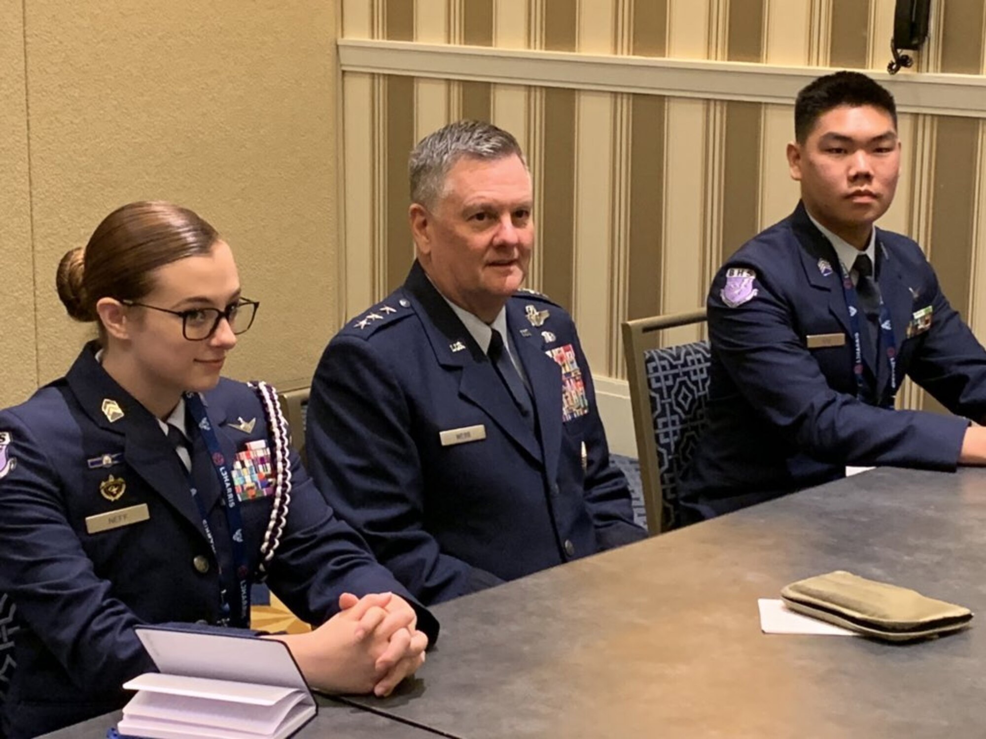 Air Force Junior ROTC cadets speak with Lt. Gen. Brad Webb at the Air, Space & Cyber Conference 17 Aug 2019. The cadets were at ASC becuase of their participation in the 2019 JROTC Flight Academy. (U.S. Air Force photo by Daniel Hawkins)