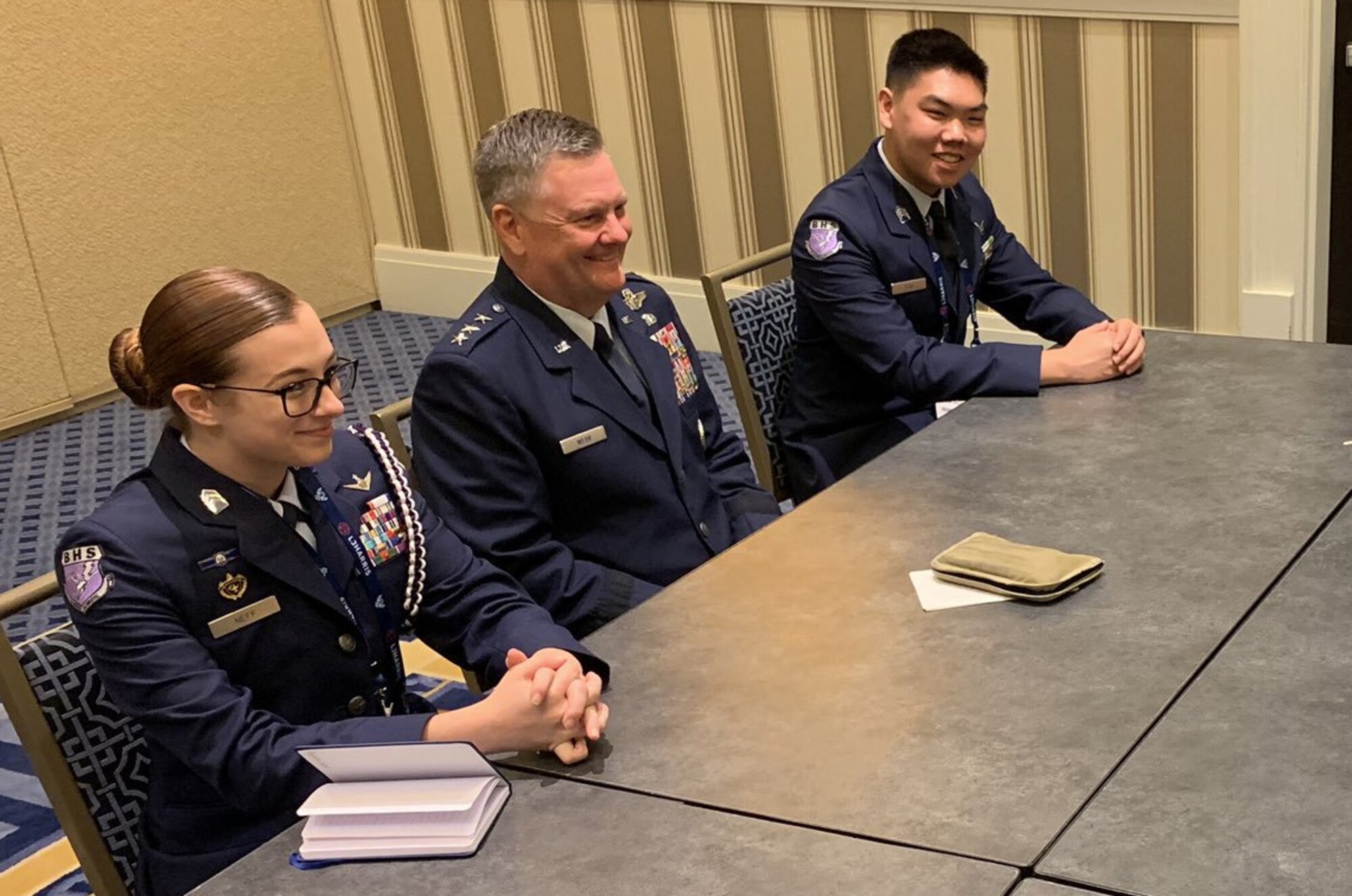 Air Force Junior ROTC cadets speak with Lt. Gen. Brad Webb at the Air, Space & Cyber Conference 17 Aug 2019. The cadets were at ASC becuase of their participation in the 2019 JROTC Flight Academy. (U.S. Air Force photo by Daniel Hawkins)