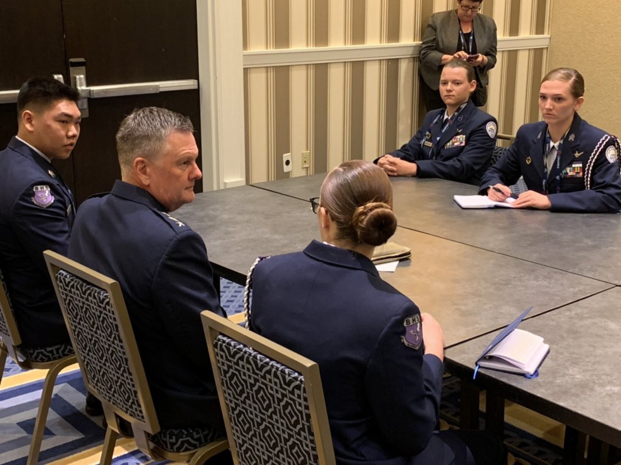 Air Force Junior ROTC cadets speak with Lt. Gen. Brad Webb at the Air, Space & Cyber Conference 17 Aug 2019. The cadets were at ASC becuase of their participation in the 2019 JROTC Flight Academy. (U.S. Air Force photo by Daniel Hawkins)