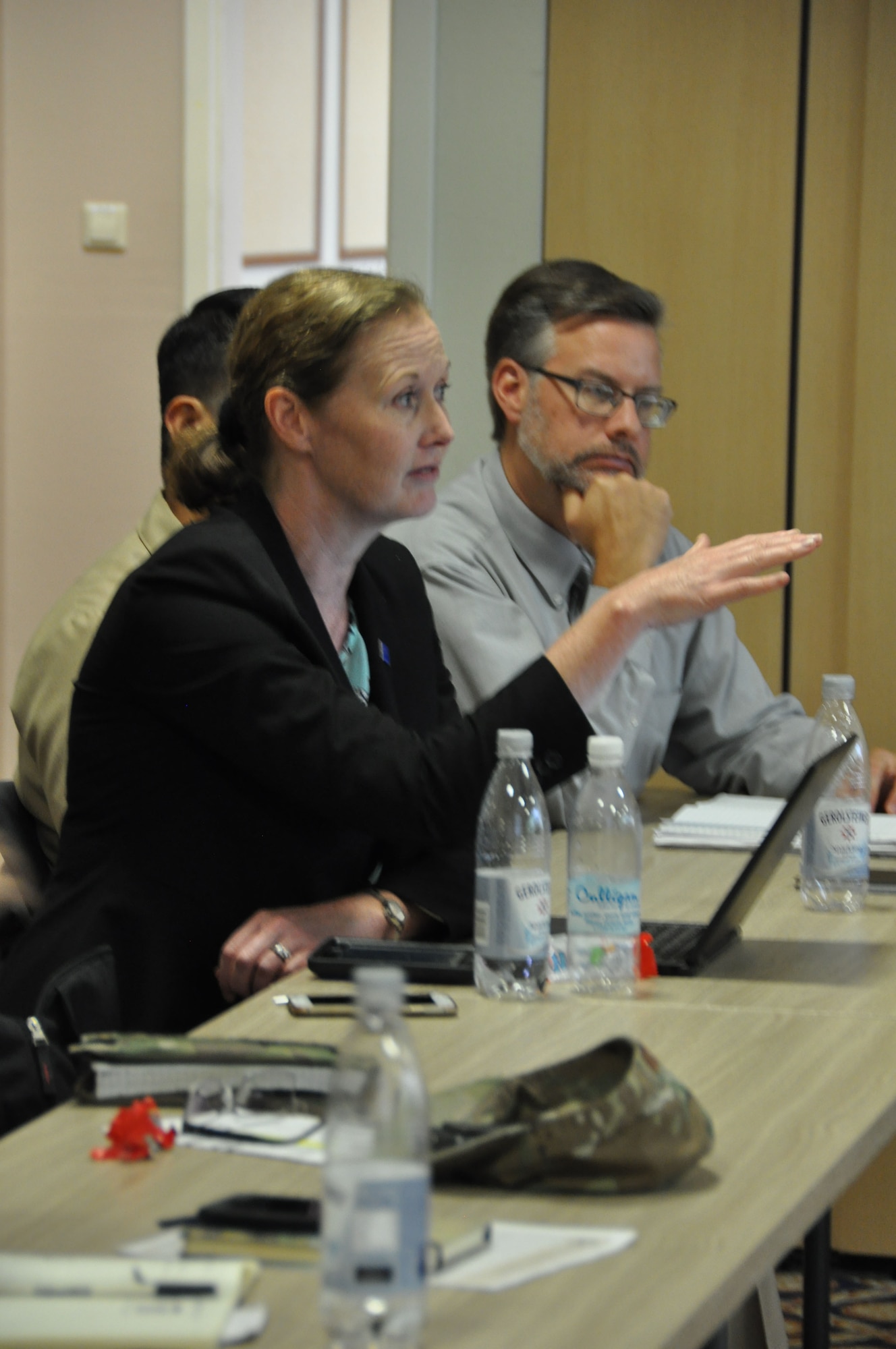 Maureen Bartee, associate director for Global Health Security, Center for Global Health, Centers for Disease Control and Prevention, shares information during a group discussion at the Infectious Disease Strategic Planning Workshop on Patch Barracks in Stuttgart, Germany, Sept. 6, 2019. The CDC was one of several U.S. government organizations in attendance during the three day event where they discussed AFRICOM's intermediate objective for the AFRICOM Theater Campaign Plan. With suggestions from the interagencies, Bartree said they then walked through how AFRICOM can achieve their goals. (U.S. Air Force photo by Master Sgt. Megan Crusher)
