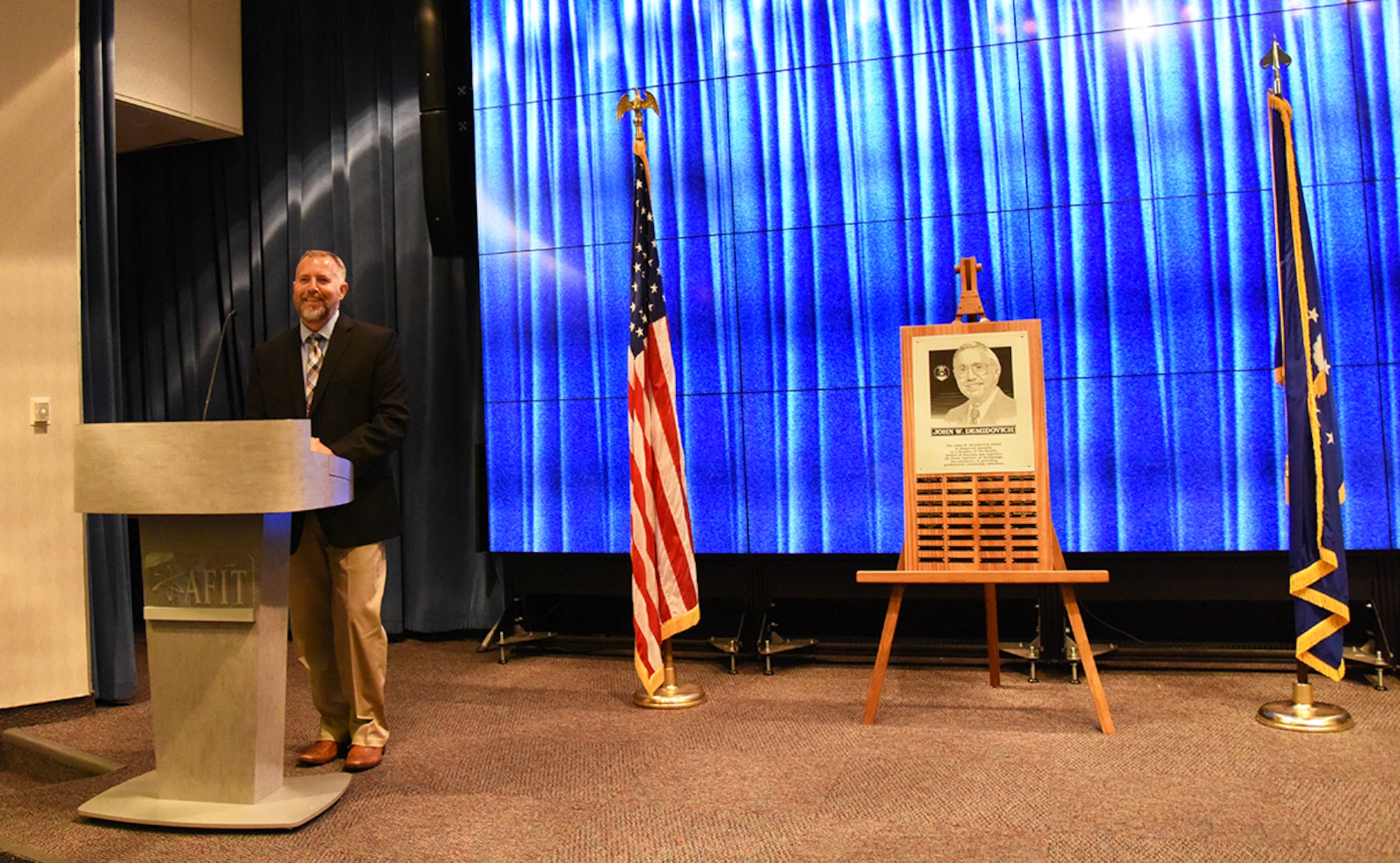 The Air Force Institute of Technology’s School of Systems and Logistics presented Mr. Eric Glover with the John W. Demidovich Award during a ceremony on Aug. 8, 2019, at Maxwell Air Force Base, Ala.  Established in 1989, the Demidovich Award is the highest honor that the LS faculty can bestow upon its members. It recognizes outstanding ability and service sustained throughout an individual’s tenure at the School. Mr. Glover is the 17th recipient of the award.