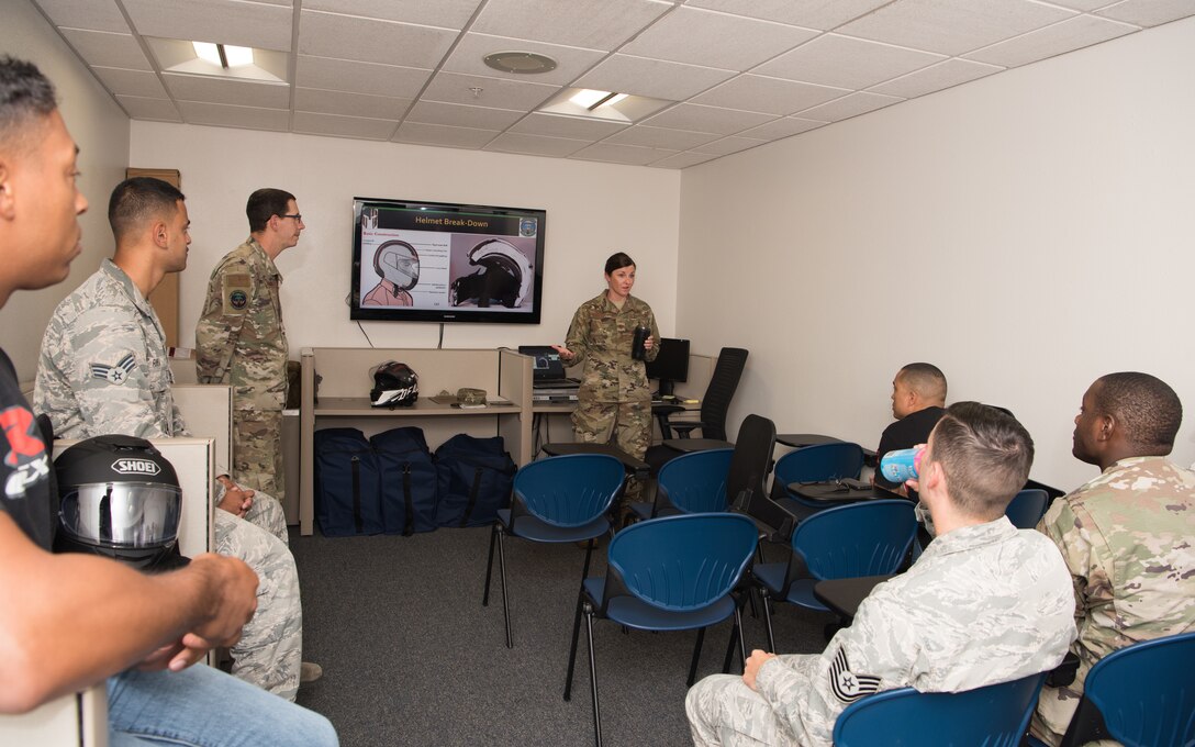 Major Allison Barkalow, the 509th Munitions Squadron commander, speaks to a motorcycle safety class on August 28, 2019, at Whiteman Air Force Base, Missouri. Barkalow stressed the importance of personal protective equipment. (U.S. Air Force photo by Airman 1st Class Parker J. McCauley)