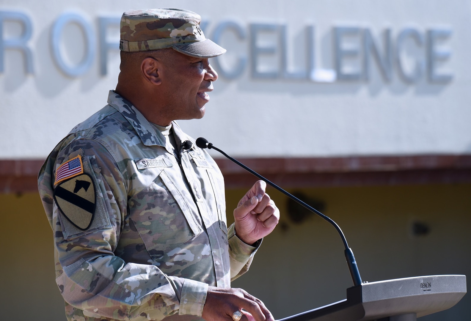 Maj. Gen. Patrick D. Sargent, commander, U.S. Army Medical Center of Excellence, speaks at the redesignation ceremony at Joint Base San Antonio-Fort Sam Houston Sept. 16.