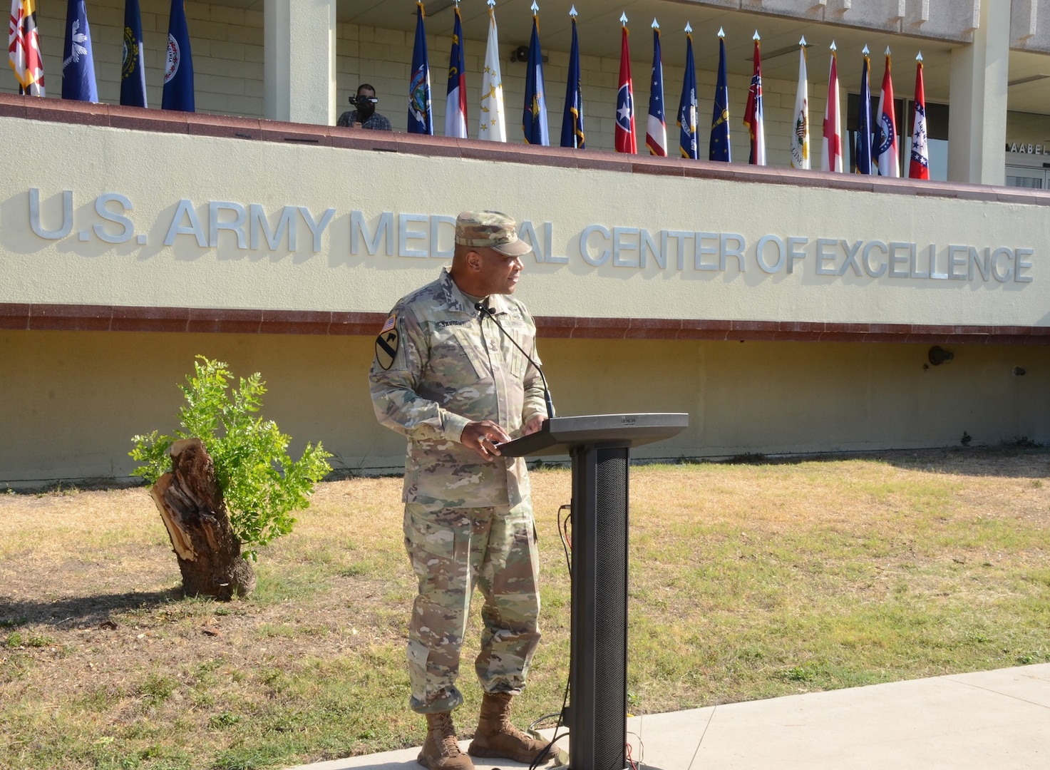 Maj. Gen. Patrick D. Sargent, commander, U.S. Army Medical Center of Excellence, speaks at the redesignation ceremony at Joint Base San Antonio-Fort Sam Houston Sept. 16.