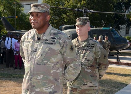 Maj. Gen. Patrick D. Sargent, commander, U.S. Army Medical Center of Excellence, and Command Sgt. Maj. William "Buck" O'Neal, command sergeant major, MEDCoE.
