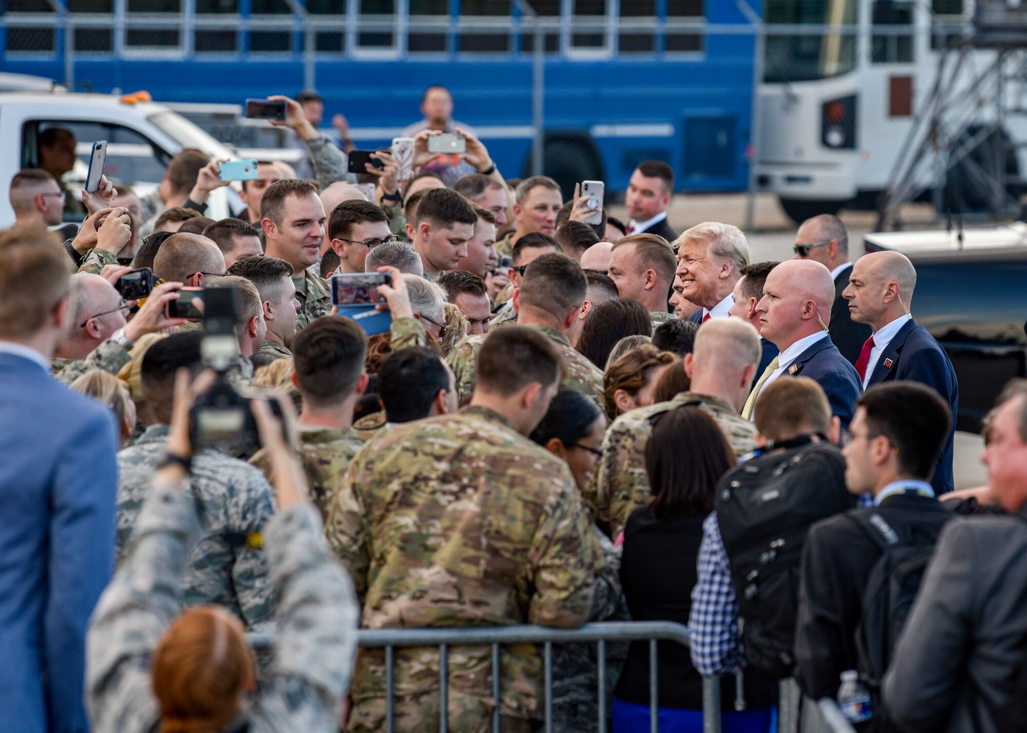 President Donald J. Trump greets members of Team Kirtland at Kirtland Air Force Base, N.M., Sept. 16, 2019.  The base is home to the Air Force Nuclear Weapons Center and 377th Air Base Wing, Kirtland's host organization, which supports more than 100 mission partners. (U.S. Air Force photo by Airman 1st Class Austin J. Prisbrey)