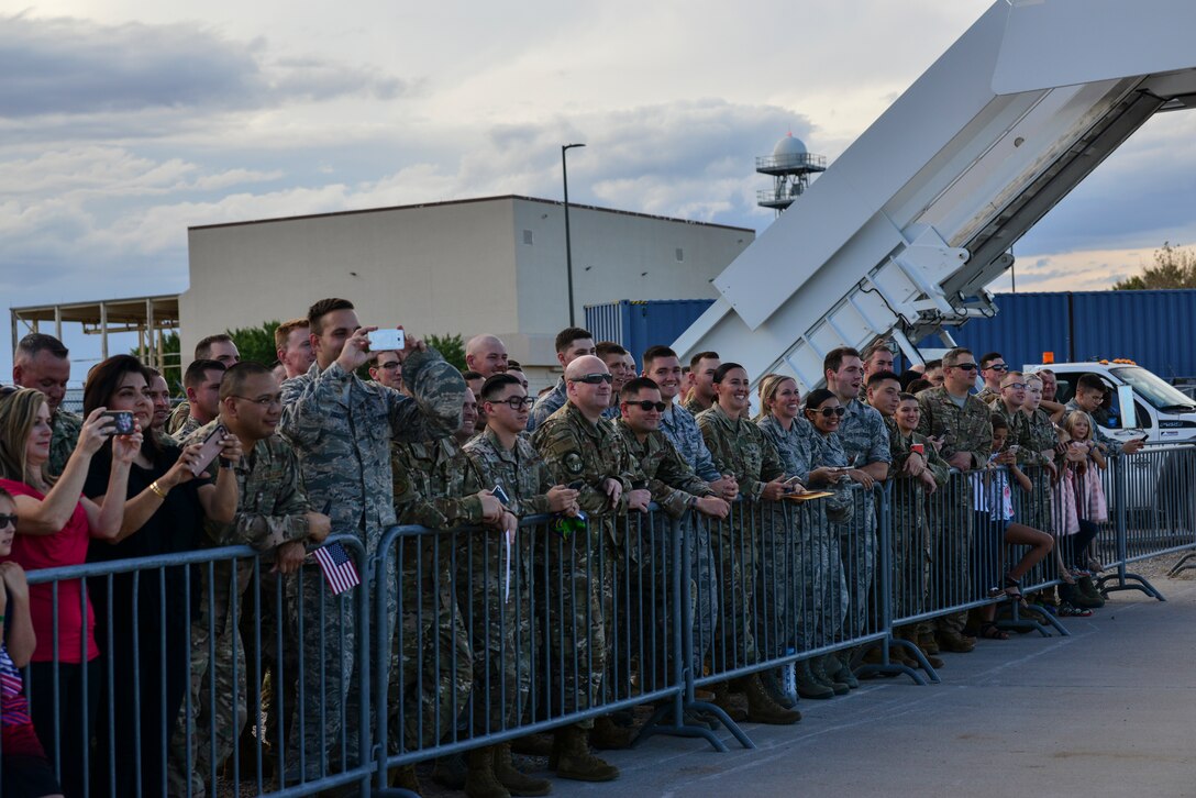 Members of Team Kirtland prepare for for President Donald J. Trump to land at Kirtland Air Force Base, N.M., Sept. 16, 2019. After departing Joint Base Andrews, Md., the President landed at Kirtland and was greeted by members of the base. (U.S. Air Force photo by Staff Sgt. Kimberly Nagle