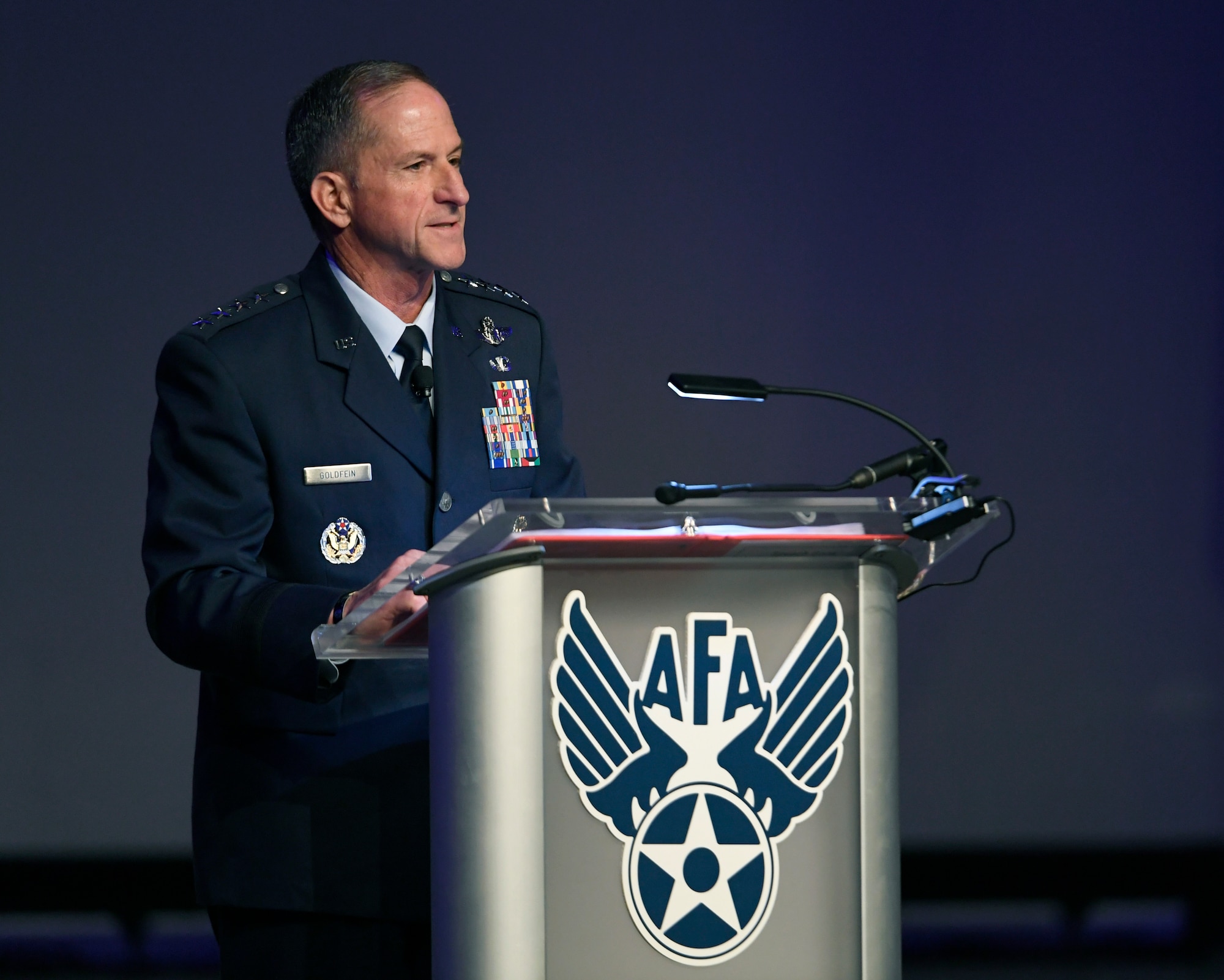 Air Force Chief of Staff Gen. David L. Goldfein delivers an Air Force Update speech during the Air Force Association Air, Space and Cyber Conference in National Harbor, Md., Sept. 17, 2019 The ASC Conference is a professional development seminar that offers the opportunity for Department of Defense personnel to participate in forums, speeches and workshops. (U.S. Air Force photo by Staff Sgt. Chad Trujillo)