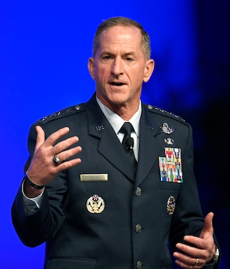 Air Force Chief of Staff Gen. David L. Goldfein delivers an Air Force Update speech during the Air Force Association Air, Space and Cyber Conference in National Harbor, Md., Sept. 17, 2019 The ASC Conference is a professional development seminar that offers the opportunity for Department of Defense personnel to participate in forums, speeches and workshops. (U.S. Air Force photo by Staff Sgt. Chad Trujillo)