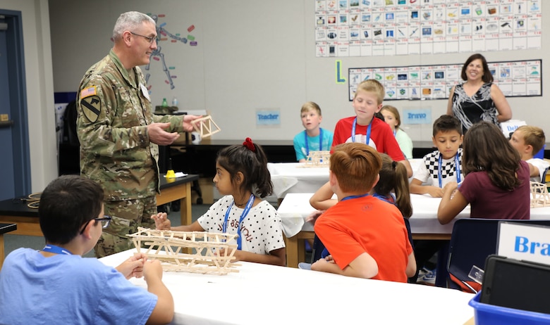Deputy Commander for the U.S. Army Corps of Engineers Transatlantic Division Col. Stephen Bales, teaches students from Armel Elementary School in Frederick County, Virginia, about being an engineer. Bales, a civil engineer by training, was participating as a guest speaker in STARBASE, a Defense Department program designed to motivate fifth graders to explore educational opportunities in Science, Technology, Engineering, and Math (STEM) fields. The National Guard’s STARBASE Academy in Winchester is the only STARBASE program in Virginia, and hosts 56-58 courses a year for area schools.