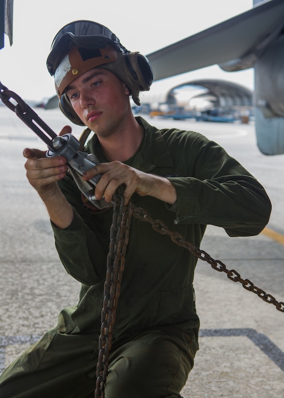 Lance Cpl. Alex G. Vincent, a powerline mechanic with Marine Attack Training Squadron 203, tightens a fastening system for an T/AV-8B Harrier II after it has parked at Marine Corps Air Station Cherry Point, North Carolina, Sep. 16, 2019. Marines attached to VMAT-203 execute daily maintenance to ensure dependability of the aircraft as well as the capability for it be ready at any moment’s notice. VMAT-203 is a part of Marine Aircraft Group 14, 2nd Marine Aircraft Wing. (U.S. Marine Corps photo by Lance Cpl. Elias E. Pimentel III)
