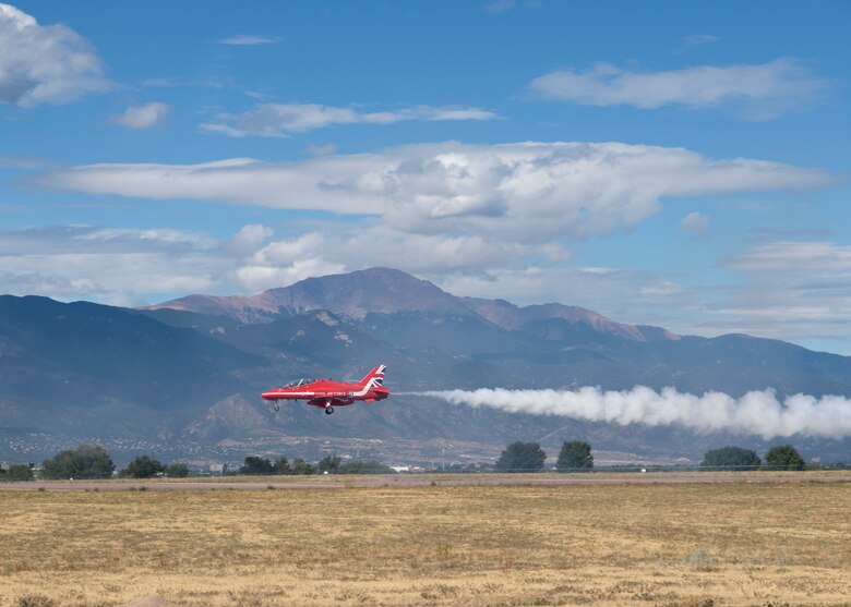 A pilot from the Royal Air Force aerial demonstration team, the Red Arrows, lands a Hawk T1 aircraft Sept. 16, 2019 at Peterson Air Force Base, Colorado. The demonstration team stopped at Peterson AFB as part of their North American tour. (U.S. Air Force photo by Heather Heiney)