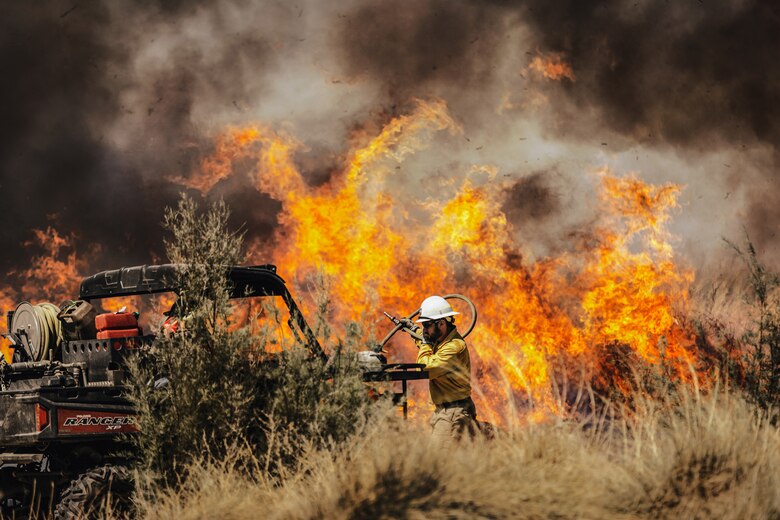 Crews conduct prescribed burns Sept. 5-16, at Edwards Air Force Base, California. The prescribed burn removed old decadent fuels susceptible to wildfire, and for habitat restoration at Piute Ponds at the southwest corner of Edwards. The burns thinned out Tully grass, which is considered an invasive species and competes with native species for natural resources. (U.S. Air Force photo by Harley Huntington)