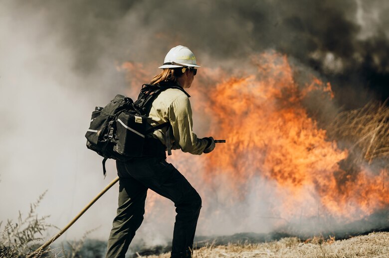 Crews conduct prescribed burns Sept. 5-16, at Edwards Air Force Base, California. The prescribed burn removed old decadent fuels susceptible to wildfire, and for habitat restoration at Piute Ponds at the southwest corner of Edwards. The burns thinned out Tully grass, which is considered an invasive species and competes with native species for natural resources. (U.S. Air Force photo by Harley Huntington)