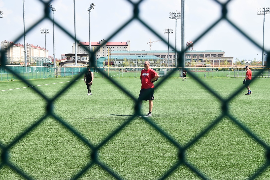 Brian Quiroga, a U.S. Army Corps of Engineers, Far East District project manager, runs to first base during a fall tournament softball game, Camp Humphreys, South Korea, Sep. 15. The district hasn’t had a team since 2015, and this season decided to participate in the league.
