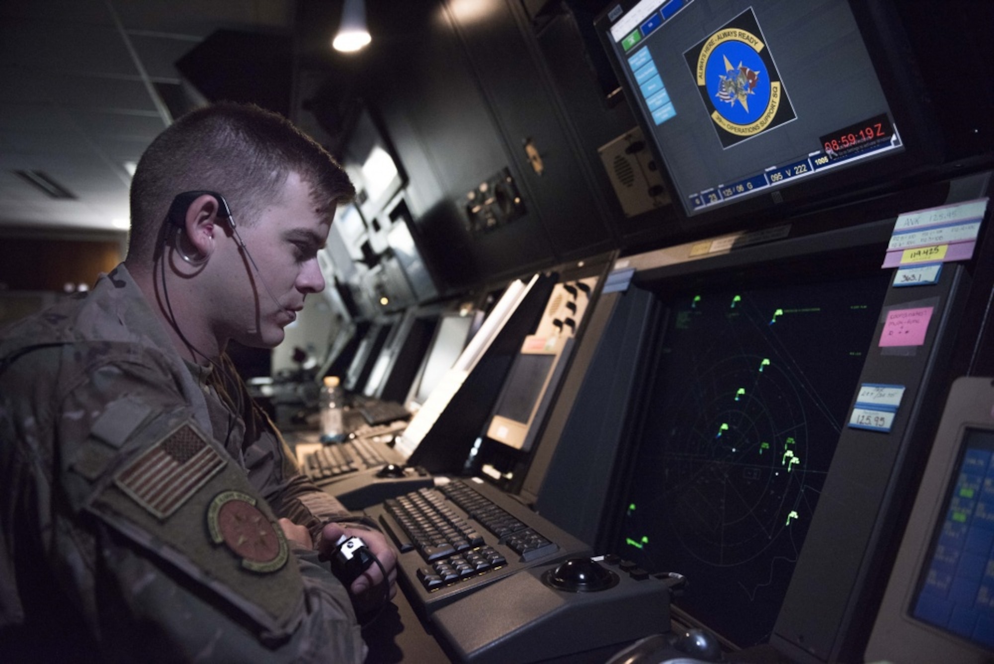 U.S. Air Force Staff Sgt. Charles Stackhouse, 39th Operations Support Squadron air traffic controller, monitors a radar Aug. 9, 2019, at Incirlik Air Base, Turkey. Air traffic controllers play a crucial role in preventing aircraft-related incidents. (U.S. Air Force photo by Staff Sgt. Joshua Magbanua)