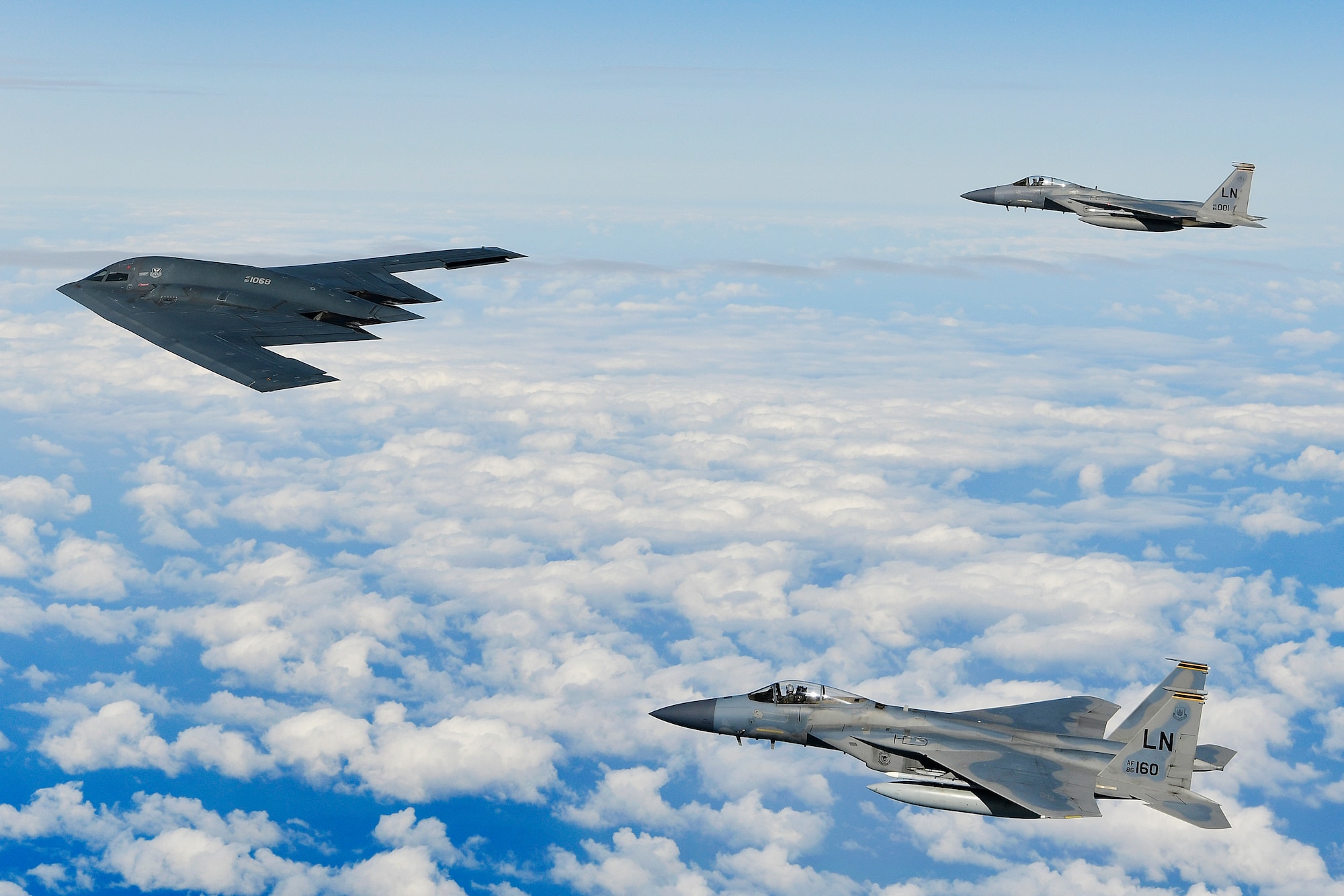 A B-2A Spirit bomber assigned to the 509th Bomb Wing and two F-15C Eagles assigned to the 48th Fighter Wing conduct aerial operations over the North Sea Sept. 16, 2019.The 48th Fighter Wing routinely trains with integrated aerial platform capabilities to deliver full spectrum air combat support to European allies and partners. (U.S. Air Force photo/ Tech. Sgt. Matthew Plew)