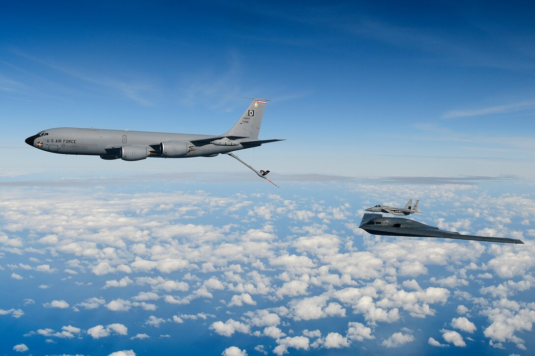 A B-2A Spirit bomber assigned to the 509th Bomb Wing, and an F-15C Eagle assigned to the 48th Fighter Wing conduct aerial refuelling operations with a KC-135 Stratotanker assigned to the 100th Air Refuelling Wing over the North Sea Sept. 16, 2019. The 48th Fighter Wing routinely trains with integrated aerial platform capabilities to deliver full spectrum air combat support to European allies and partners. (U.S. Air Force photo/ Tech. Sgt. Matthew Plew)