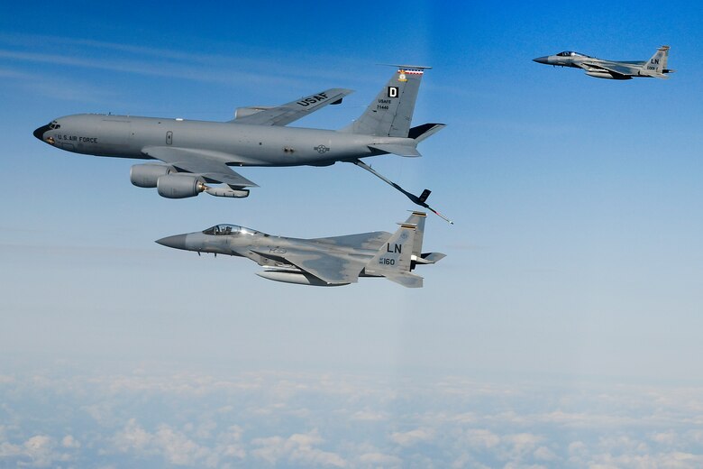 F-15C Eagles assigned to the 48th Fighter Wing conduct air refuelling operations with a KC-135 Stratotanker assigned to the 100th Air Refuelling Wing over the North Sea Sept. 16, 2019. The 48th Fighter Wing routinely trains with integrated aerial platform capabilities to deliver full spectrum air combat support to European allies and partners. (U.S. Air Force photo/ Tech. Sgt. Matthew Plew)